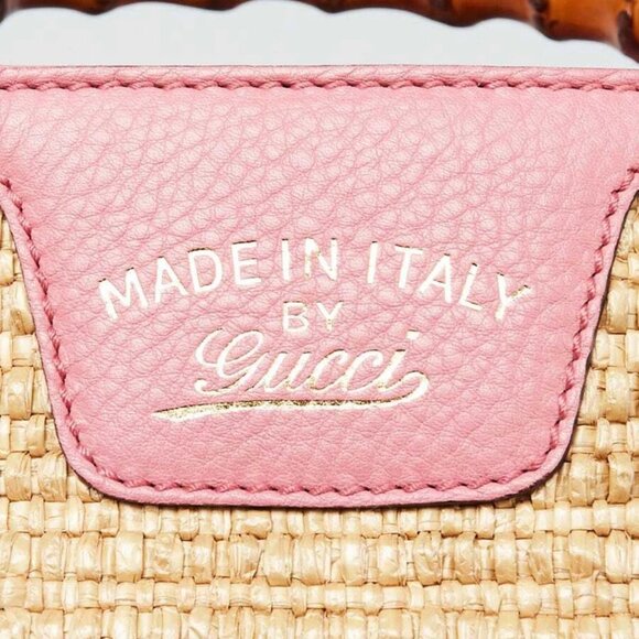 Gucci Natural Woven Straw and Pink Leather Medium Bamboo Shopper Tote Bag - Picture 10 of 12